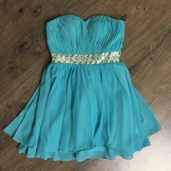 Aqua strapless cocktail dress with corset - Picture 2 of 3